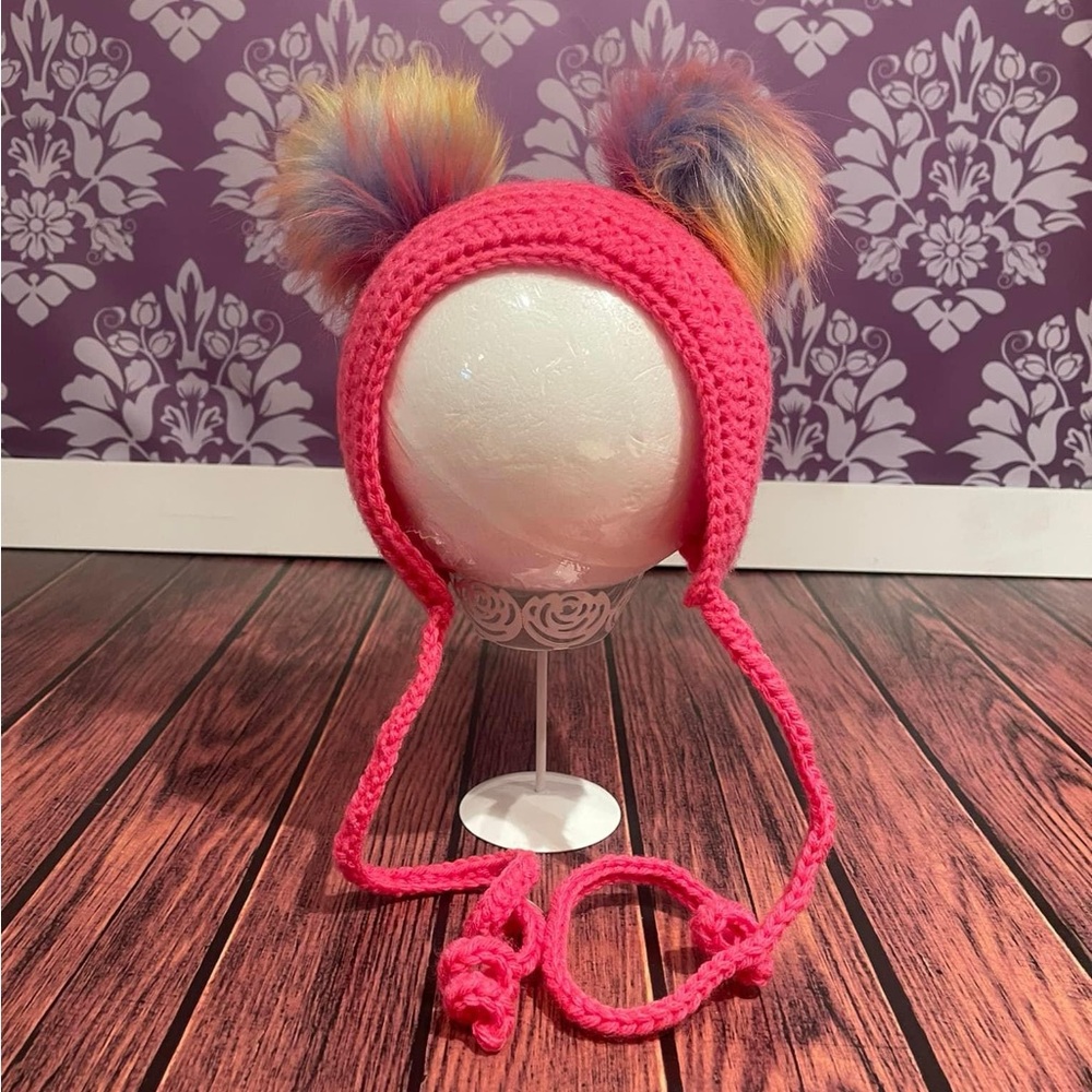 Crochet Pink Bonnet with Faux Fir Poms Poms